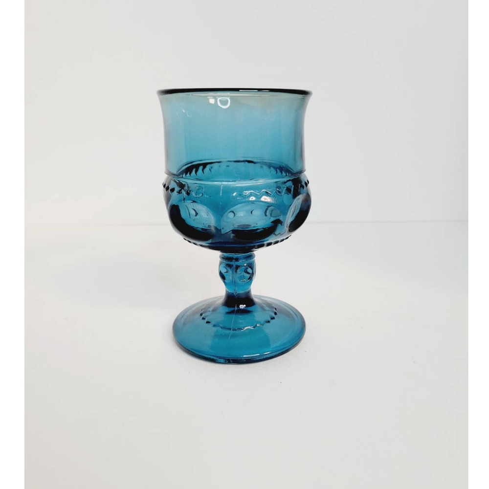 Vintage Tiara Imperial Crown Blue Glass Thumbprint 4 oz. Wine Sherry Goblet